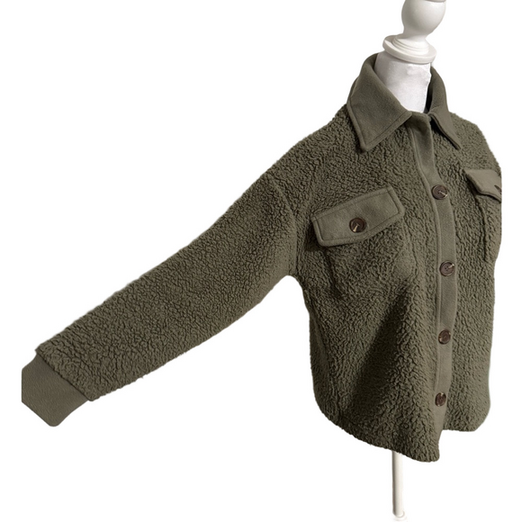 Pink Rose Army Green Faux Fur Sherpa Button Jacket Women Size XS - Picture 3 of 16